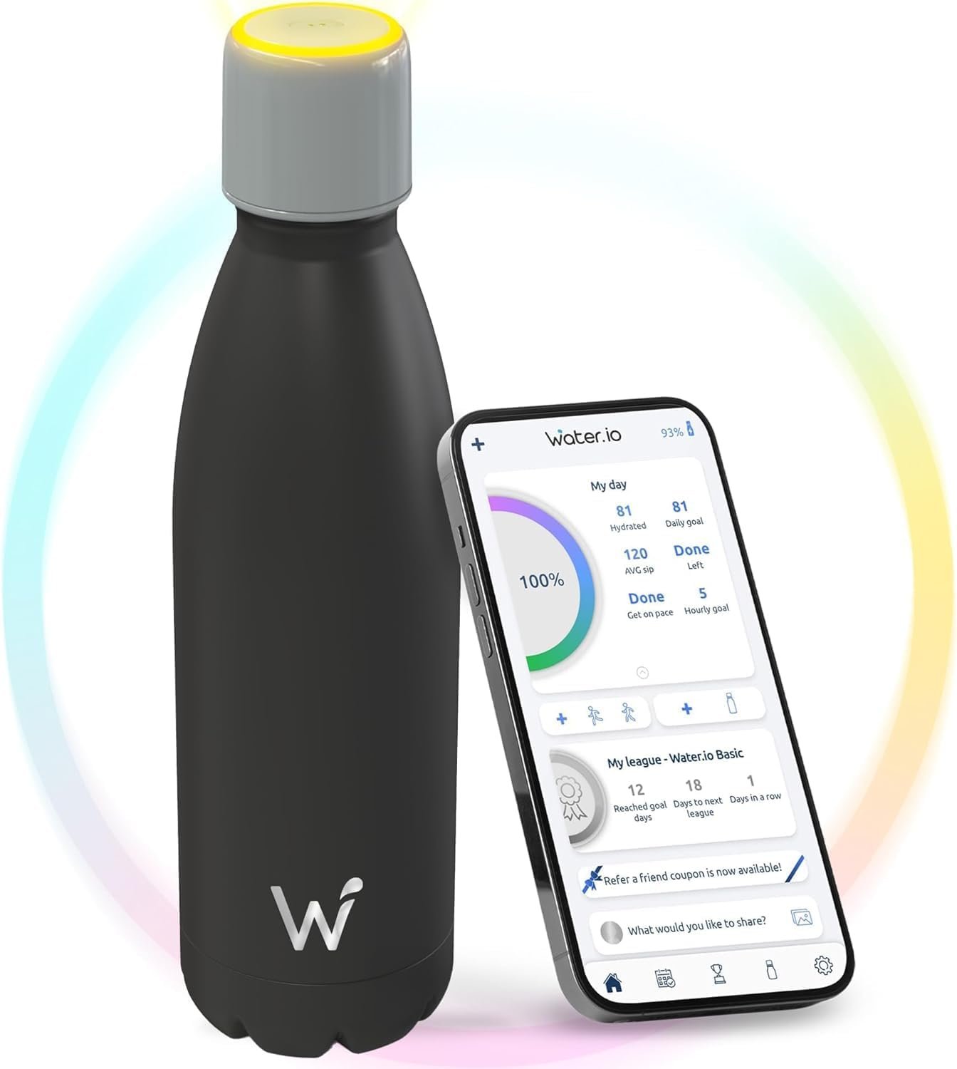 Smart Water Bottle – Stay Motivated to Drink More, Track Water Intake with Color Changing LED Reminder & Bluetooth Free App. Insulated Stainless Steel, BPA-Free 17oz.