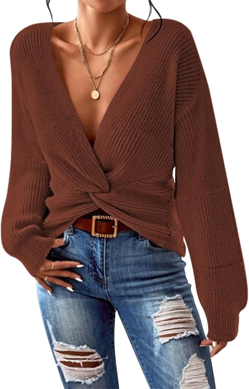 Pink Queen Women’s 2025 Casual Pullover Sweaters Sexy V Neck Long Sleeve Twist Knot Cropped Knit Sweater Tops