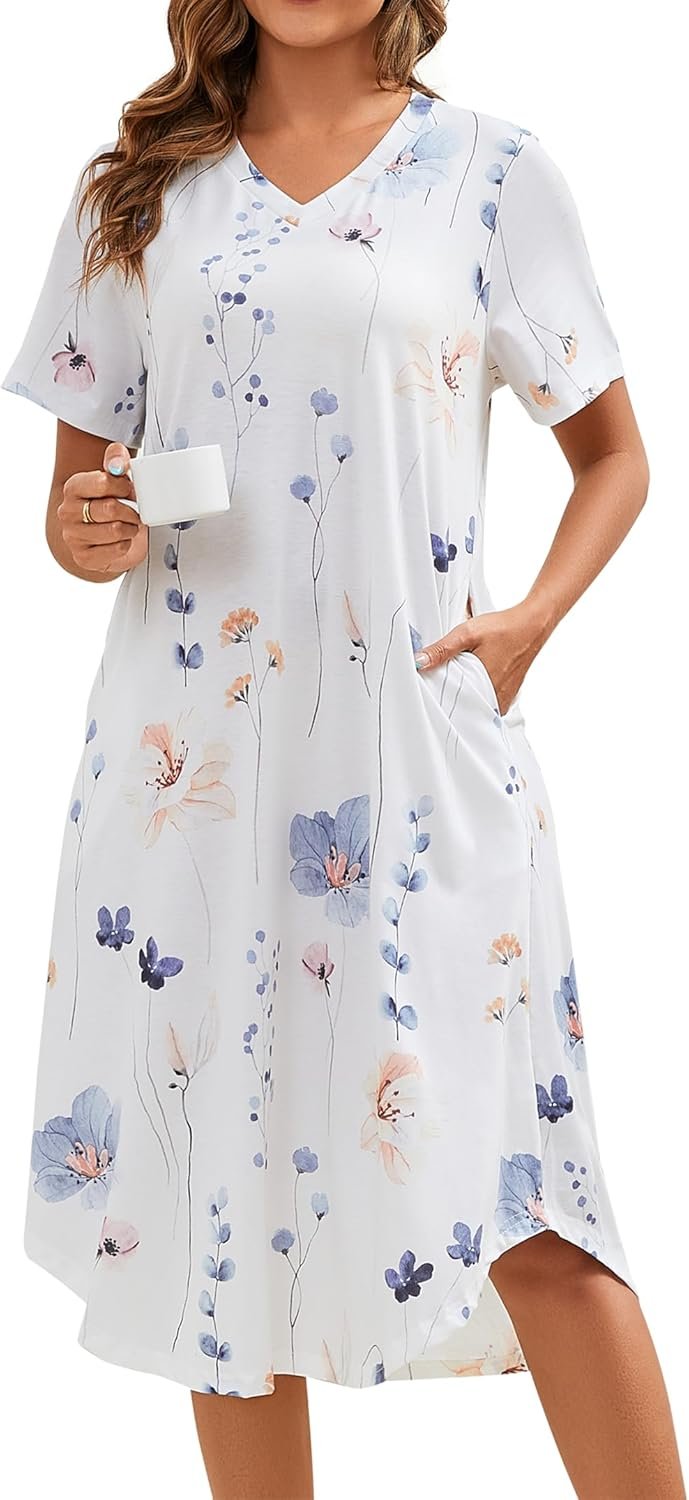 Nightgowns for Women Cotton Short Sleeve Long Night Gowns with Pockets
