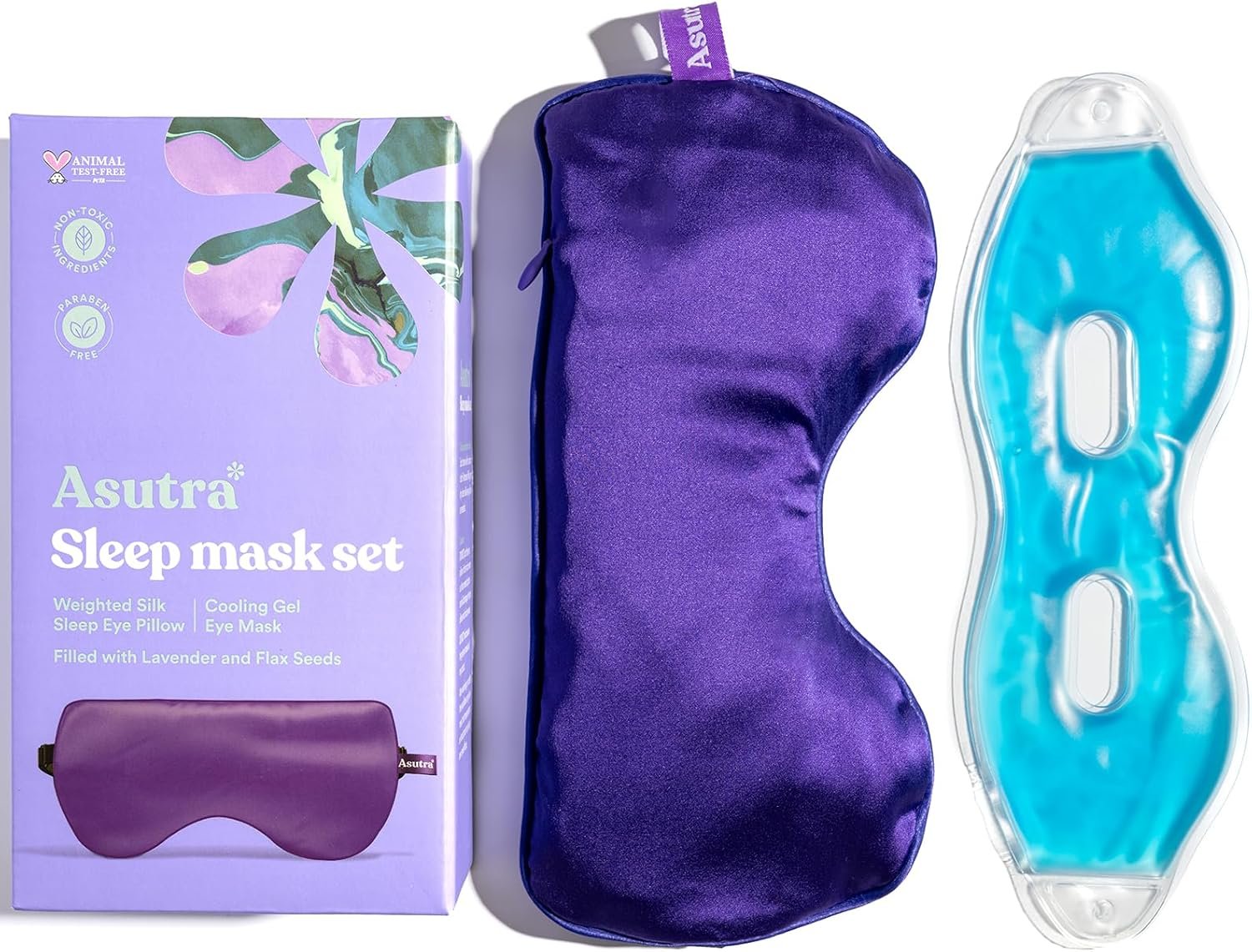 ASUTRA Silk Eye Pillow for Sleep, Purple – Filled w/Lavender Buds & Flax Seeds, Weighted Eye Mask, Meditation & Light Blocking Blindfold, Cooling Gel Mask Included