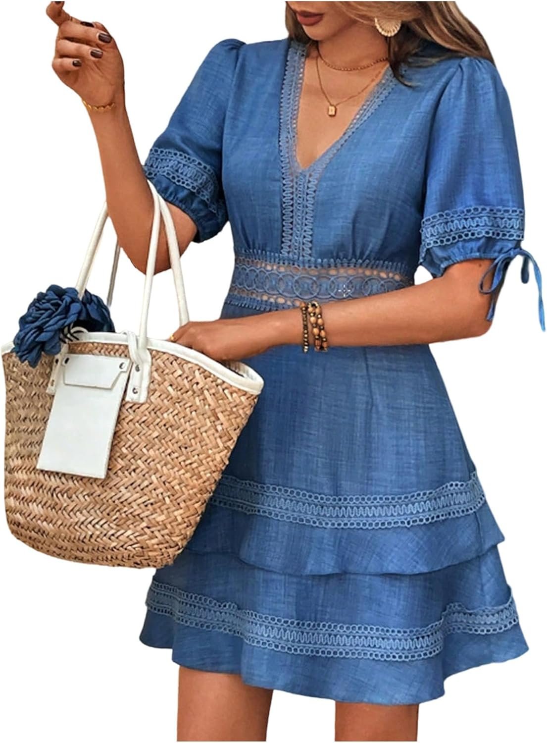 SOLY HUX Women’s Summer Dress Hollow Out Lace V Neck Puff Short Sleeve A Line Layered Short Dresses