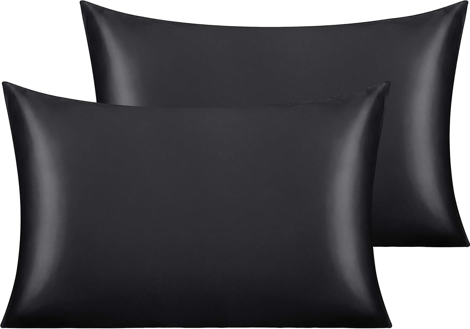 NTBAY 2 Pack Satin Standard Pillowcases for Hair and Skin, Luxurious and Silky Pillow Cases with Envelope Closure, 20×26 Inches, Black