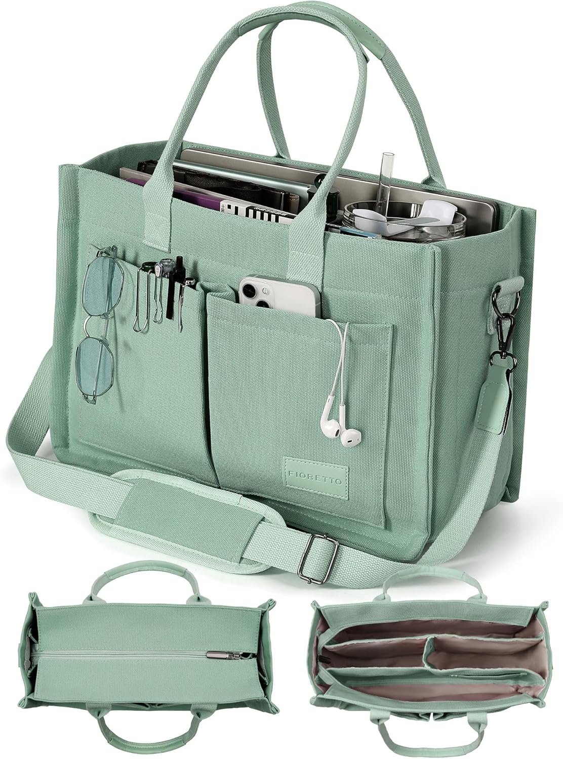 FIORETTO Canvas Tote Bag for Women with Zipper Closure & Individual Compartments for Work College for Teacher & Nurse