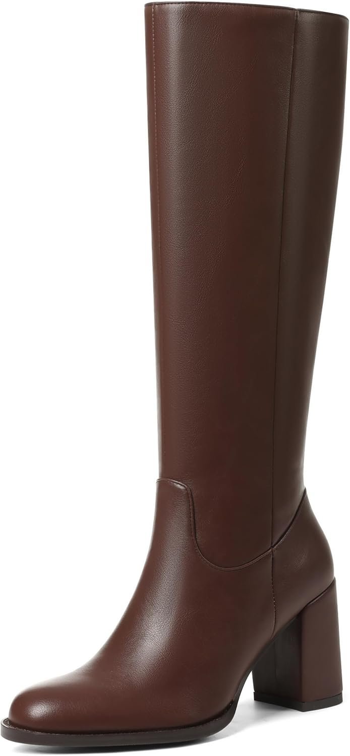 Synchoiss Knee High Boots for Women Chunky Heel Round Toe Boots with Side Zipper Womens Fashion Tall Boots
