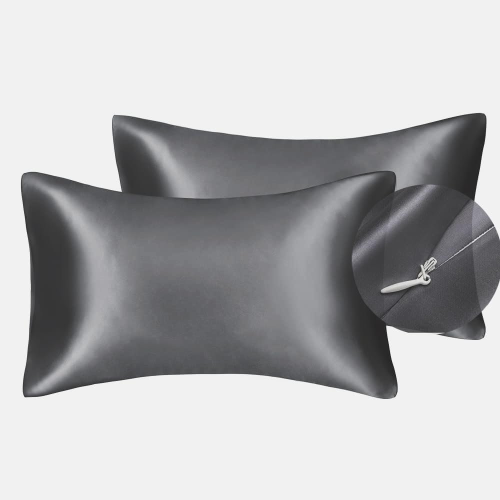 Juwenin Bedding,Luxury Satin Pillowcase with Zipper (Silky Satin Pillow Case for Hair) Set of 2 (Dark Grey, Standard(20”x26”))