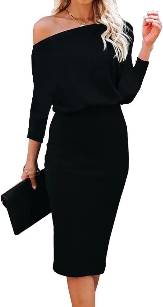 Ezbelle Women’s Off The Shoulder 3/4 Sleeve Batwing HIPS-Wrap Pencil Party Sexy Bodycon Midi Dress Loose