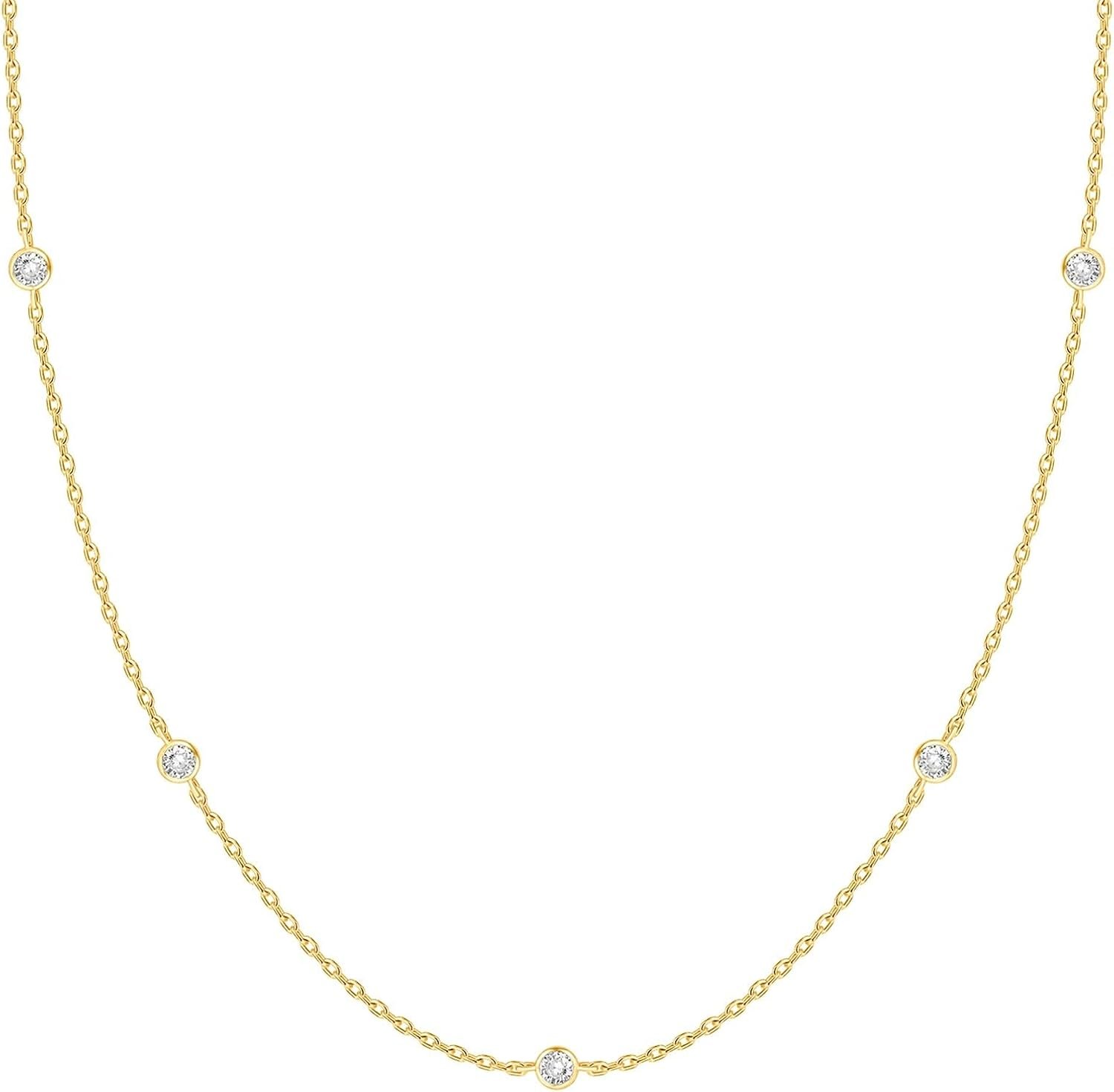 PAVOI 14K Gold Plated Station Necklace – Simulated Diamond Layering Necklaces – Womens CZ Chain
