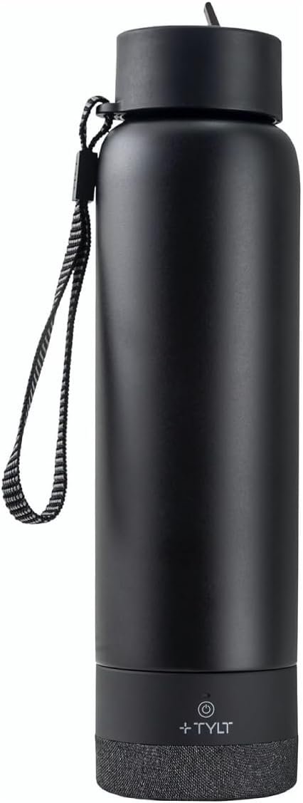 TYLT Smart Water Bottle with Bluetooth Speaker, Wireless Stainless Steel Insulated Travel Tumbler with Flip Straw, Rechargeable, Portable, Double Layered, 24oz (Black)