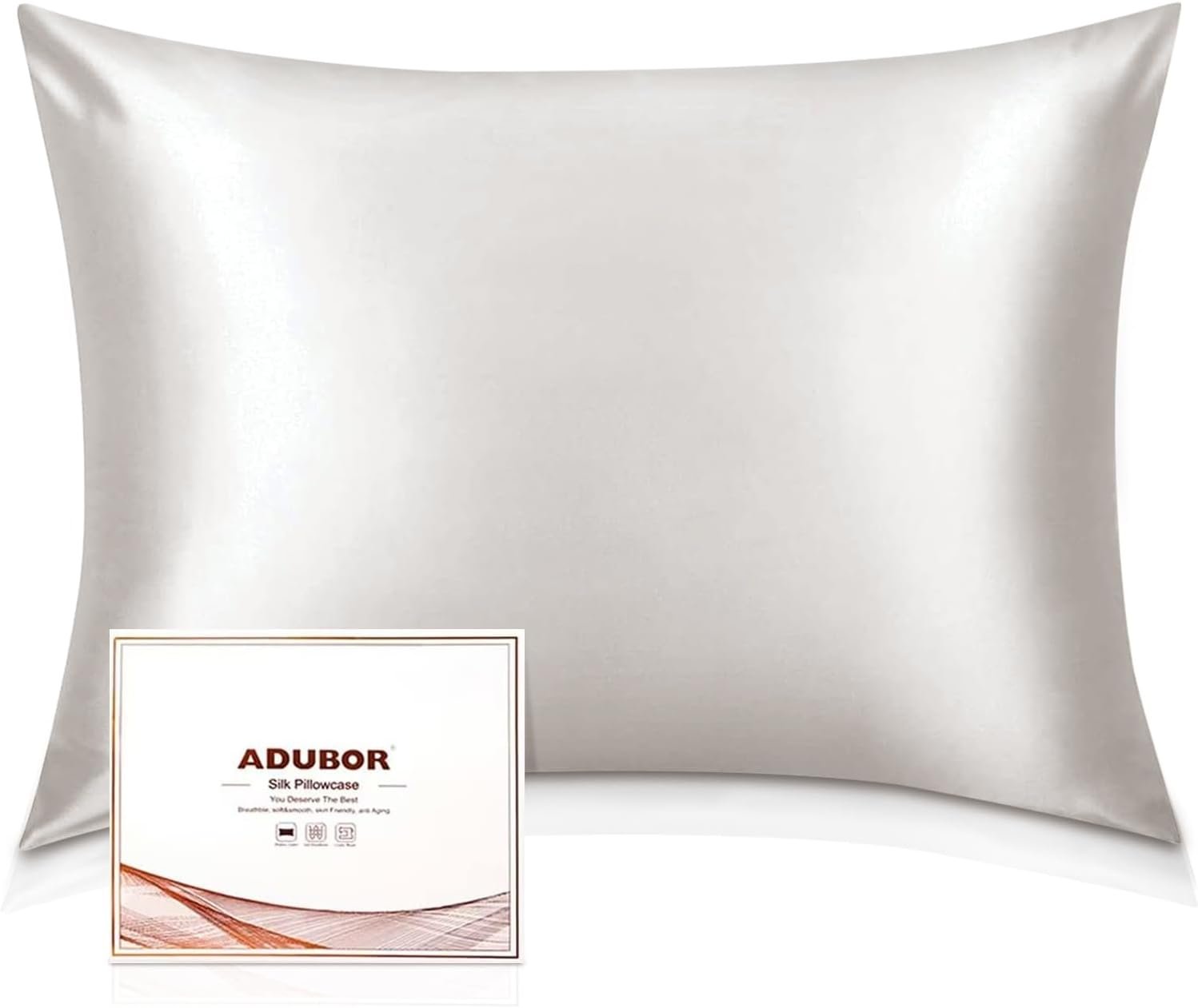 Adubor 100% Silk Pillowcase – Mulberry Silk Pillow Cases, 23 Momme 6A Grade Fibers, Silk Pillow Case for Hair and Skin Health, with Hidden Zipper (Standard 20”×26”, Lvory White, 1PC)