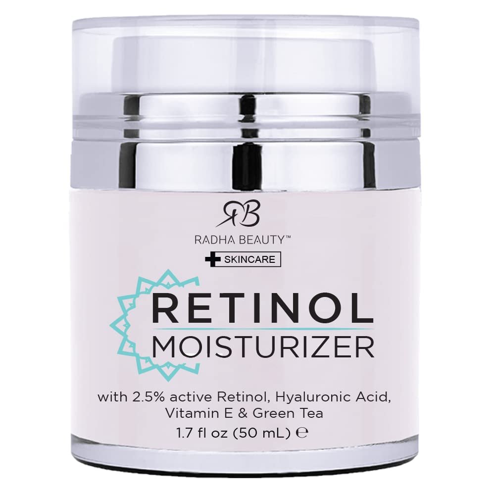 Radha Beauty Moisturizing Miracle Retinol Cream for Face – with 2.5% Retinol, Hyaluronic Acid, Vitamin E and Green Tea. Luxury Night and Day Cream 1.7 fl oz.