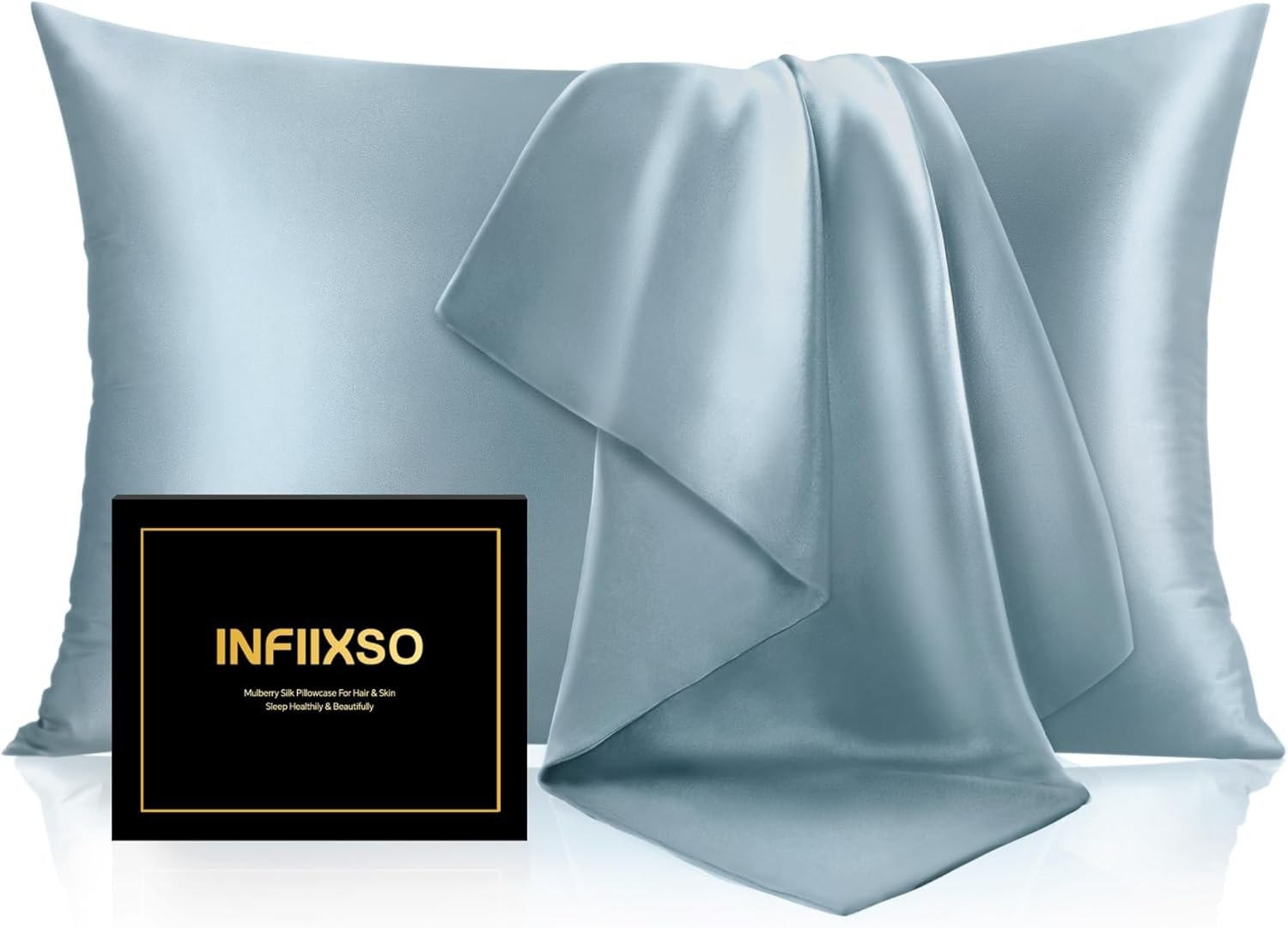 INFIIXSO Mulberry Silk Pillow Case for Hair and Skin, Silk Satin Pillowcase Standard Size with Hidden Zipper 20″x26″, Extraordinary Smooth and Soft Cooling Pillow Cases for Hot Sleepers, Airy Blue