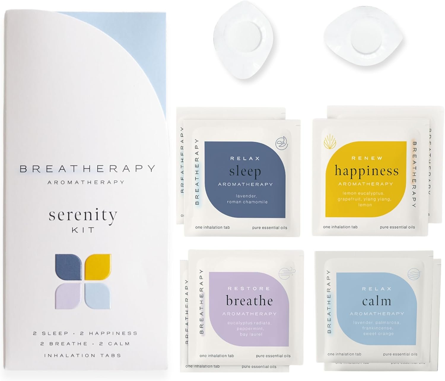 Serenity Kit – Pure Essential Oil Aromatherapy Inhalation Tabs, 8-Pack (2 Each: Sleep, Calm, Happiness, Breathe)