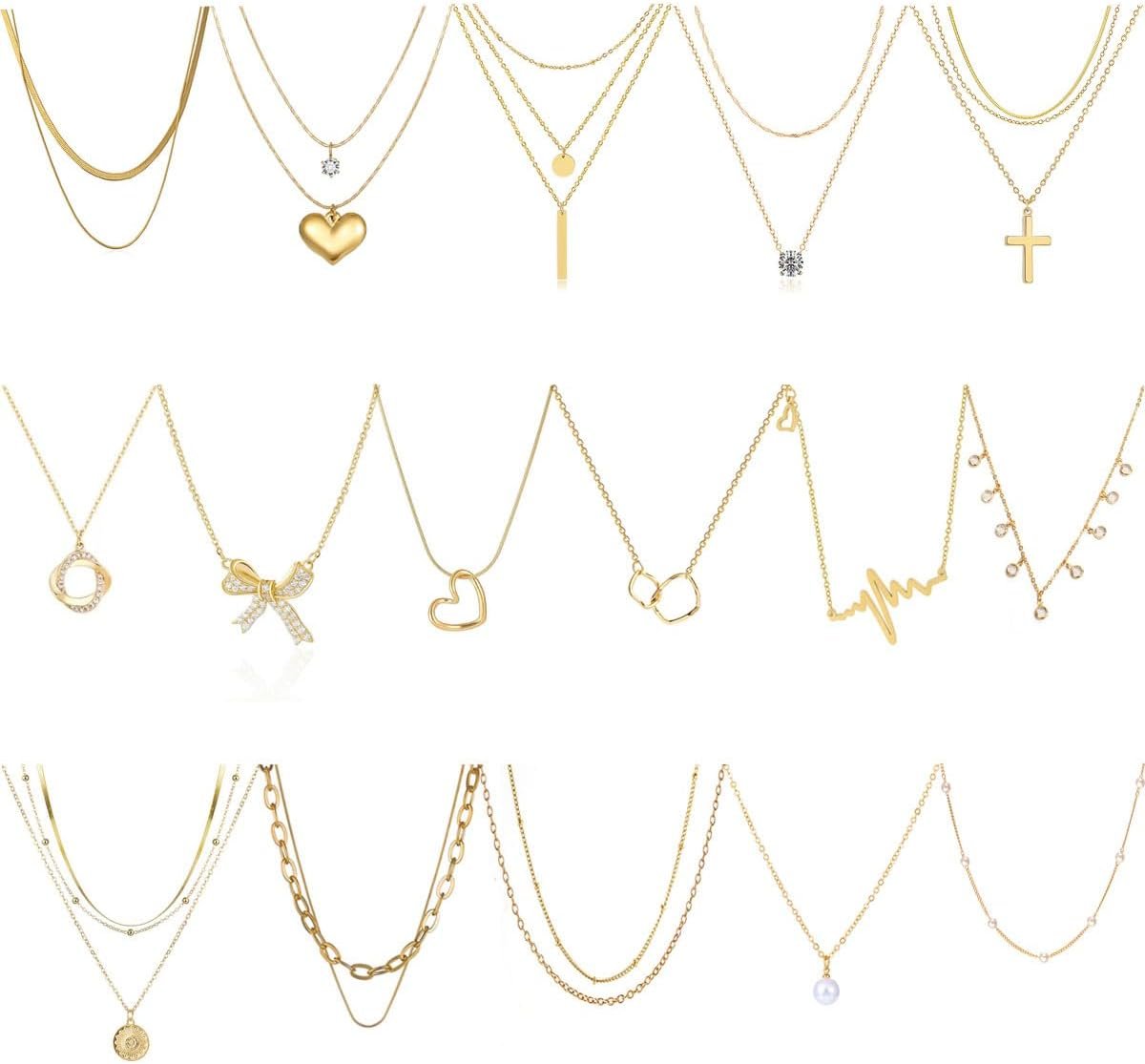 Myofeng 16Pcs Gold Necklaces Set for Women 14k Gold Plated Dainty Trendy Pendant Chain Choker Pack Multilayer Necklace Set for Women Adjustable Jewelry Gift