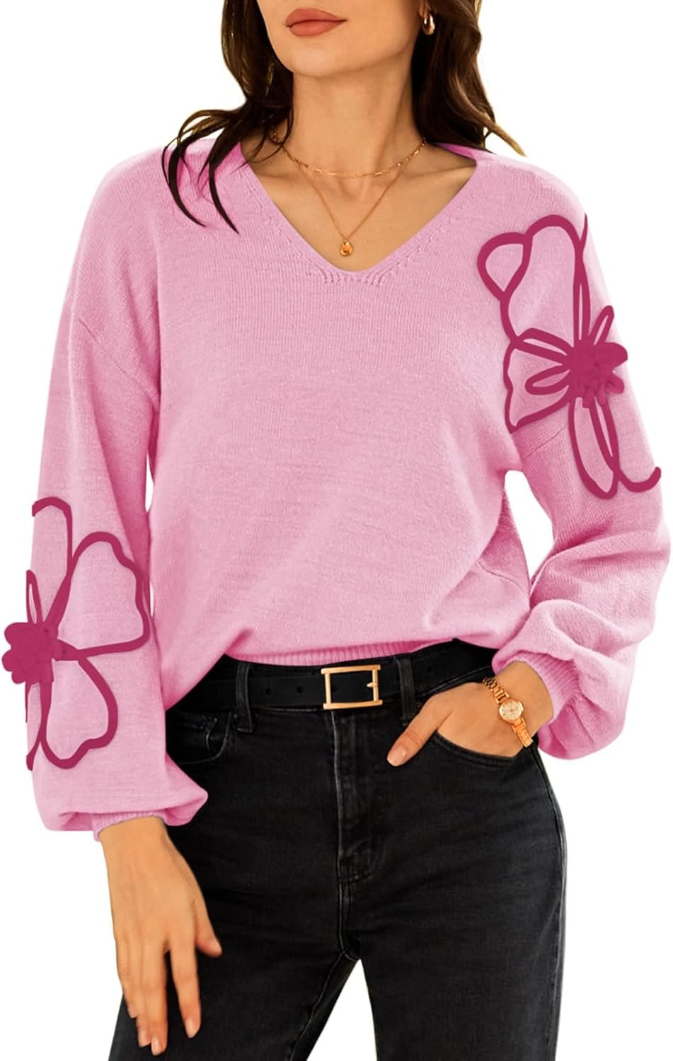 Pink Queen Women’s Pullover Sweaters 2025 Knit Floral V Neck Tunic Pullover Long Sleeve Oversized Fall Casual Sweater