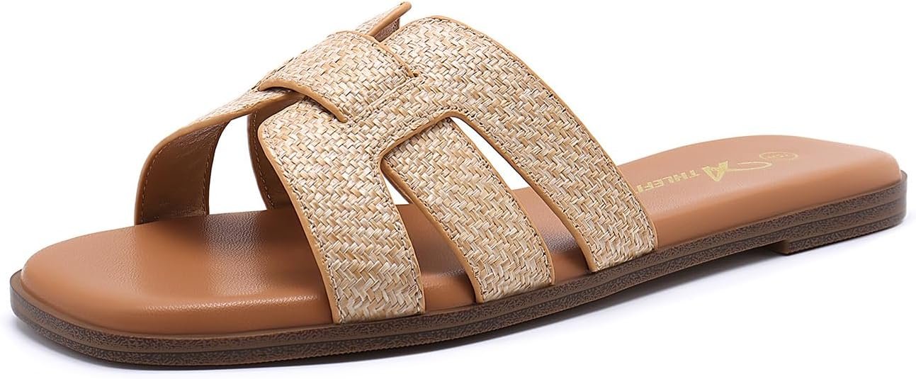 Athlefit Women’s Flat Sandals Dressy Summer Square Open Toe Slip On Leather Slide Sandals