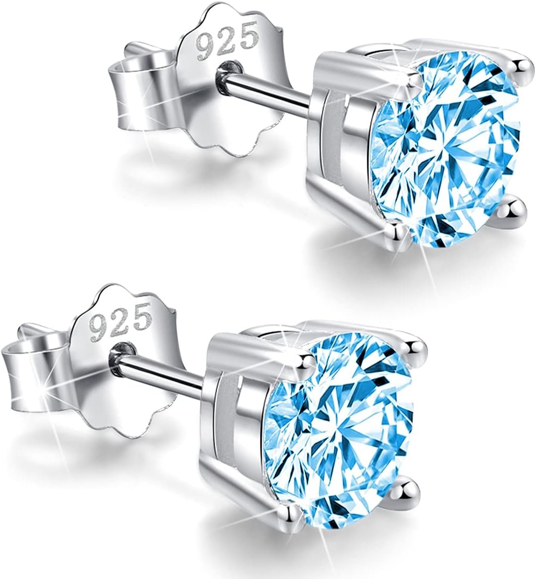 925 Sterling Silver Round-Cut Blue Cubic Zirconia Stud Earrings 3mm-8mm Options, Simulated Diamond CZ Studs Hypoallergenic Jewelry