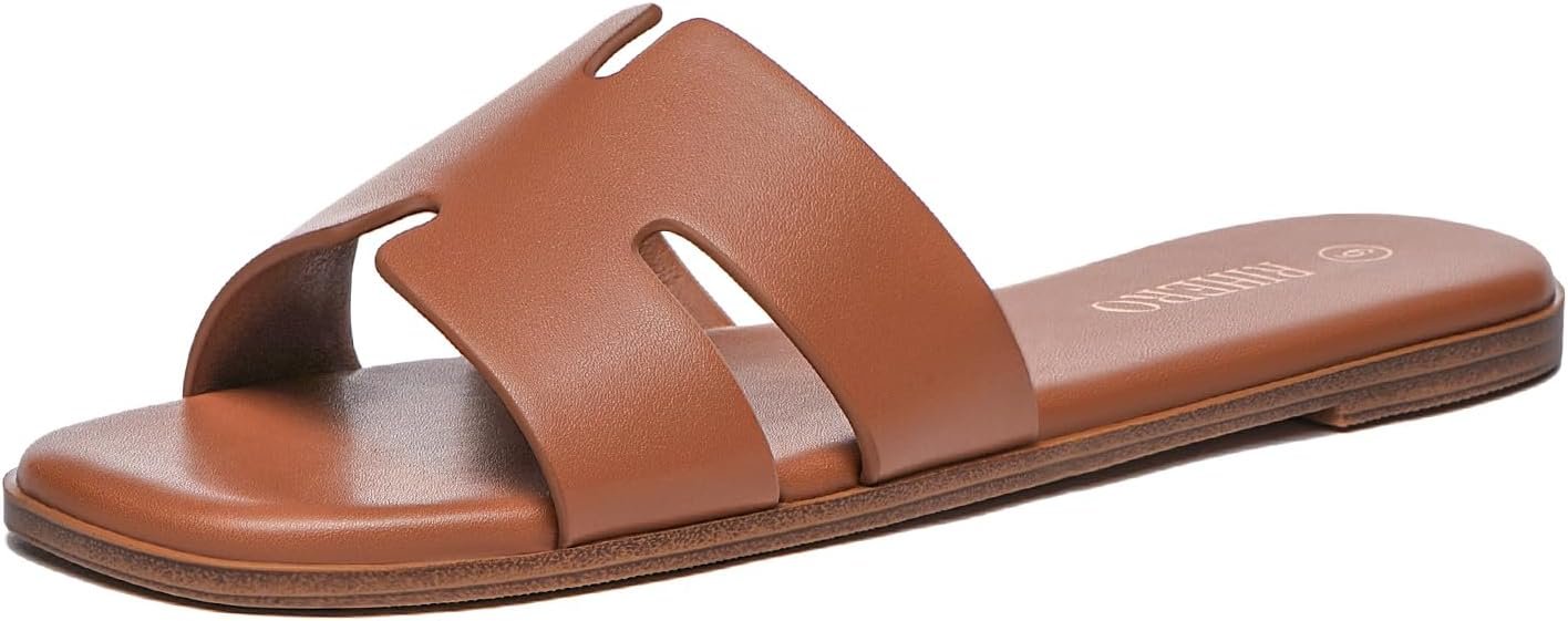Rihero Women’s Dressy Flat Sandals Comfortable Slip On Leather Slide Sandals