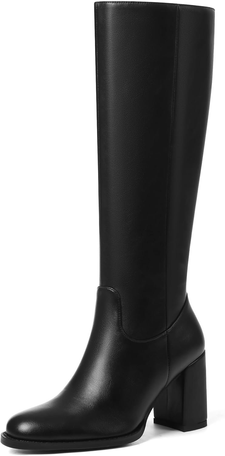Synchoiss Knee High Boots for Women Chunky Heel Round Toe Boots with Side Zipper Womens Fashion Tall Boots