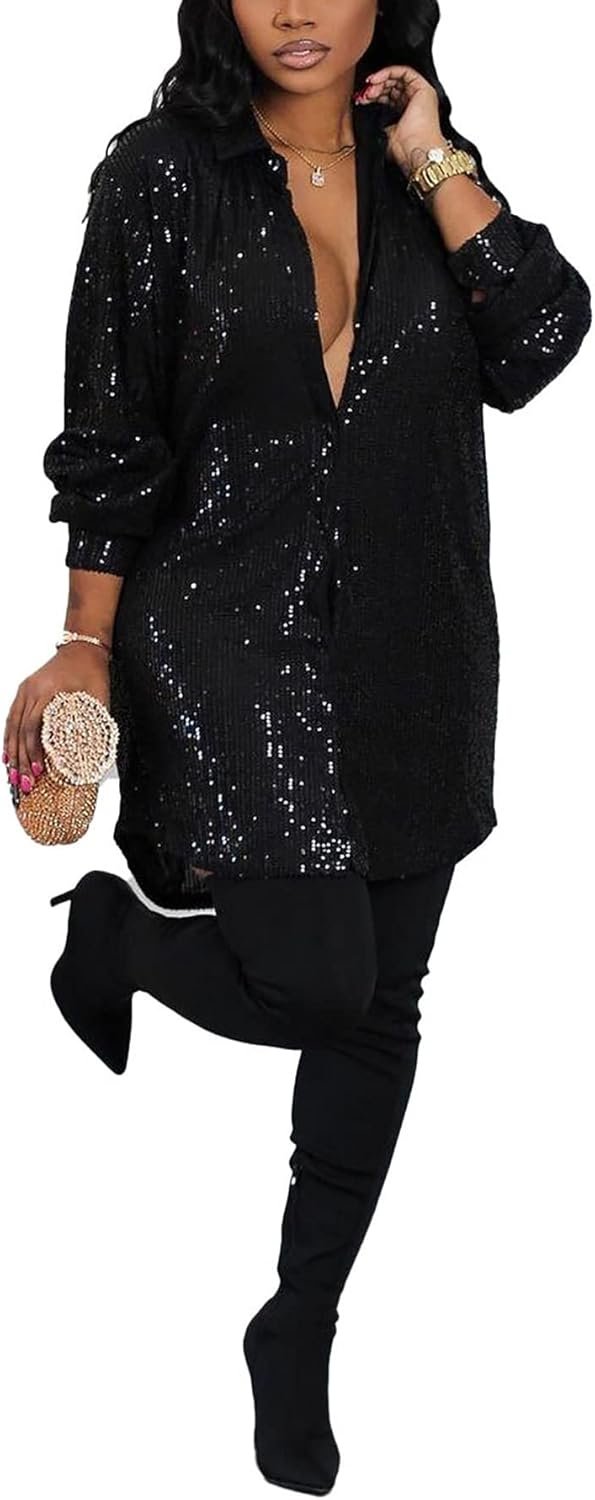 Women’s Sequin Button Down Shirt Dress Long Sleeve Loose Fit Blouse Top Mini Dress Party Sexy Clubwear
