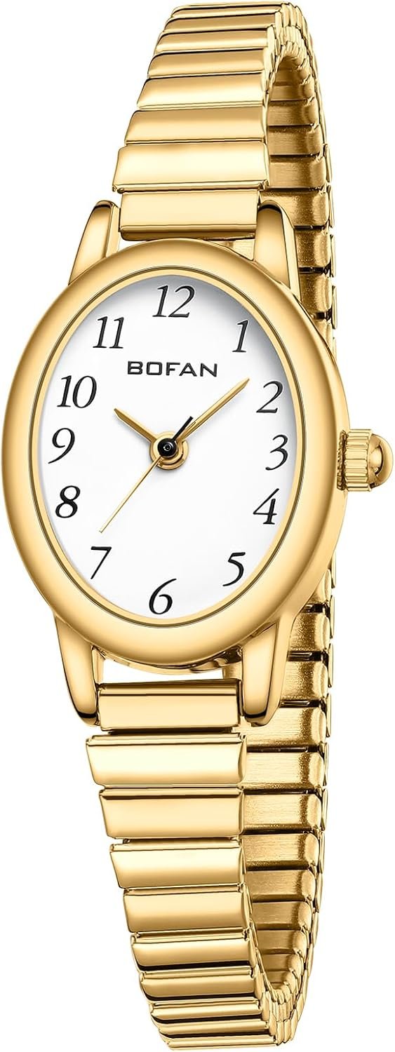 BOFAN Small Gold Watches for Women Easy Read Ladies Quartz Wrist Watch with Stainless Steel Expansion Band,Waterproof.