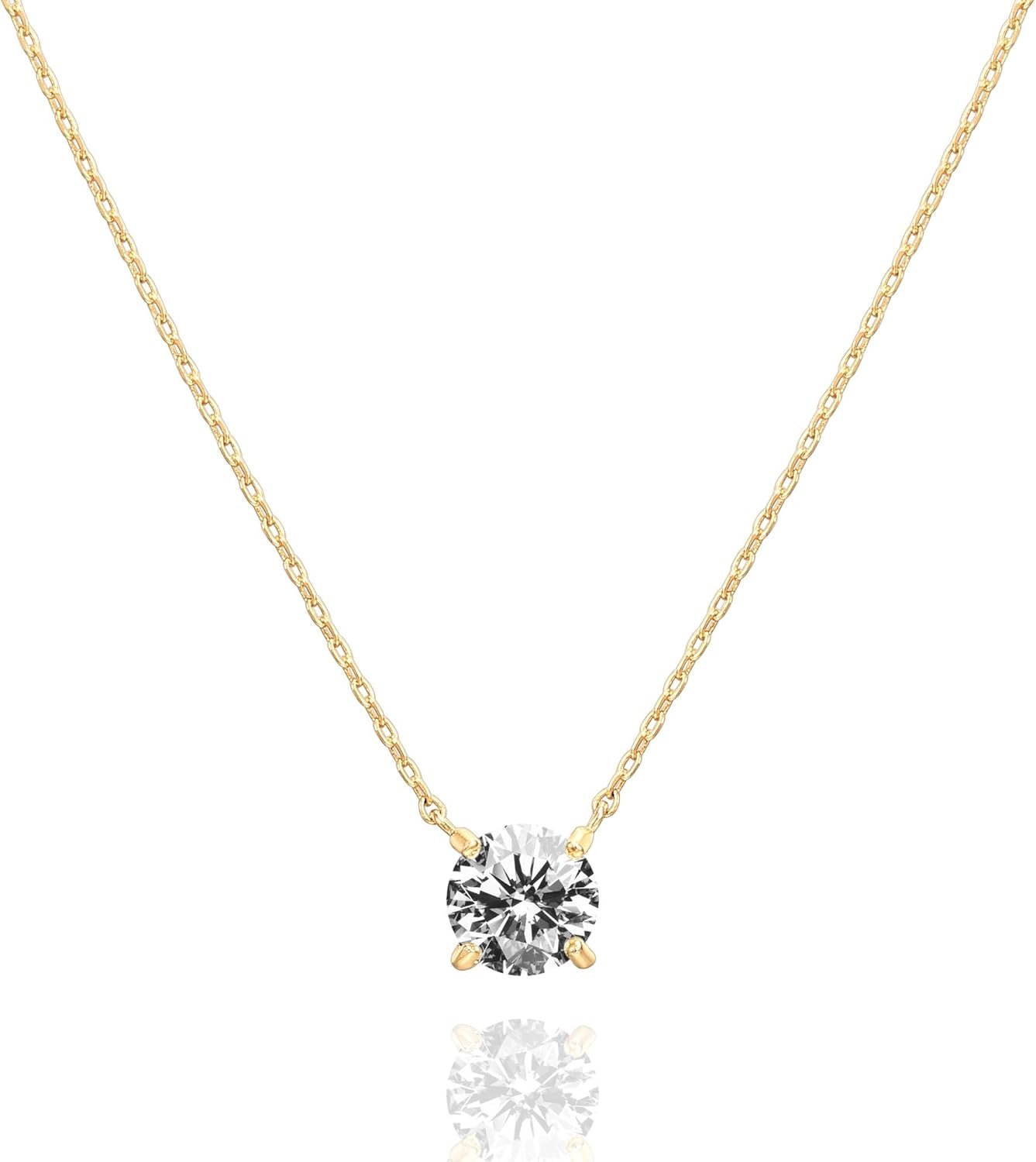 PAVOI 14K Gold Plated Crystal Solitaire 1.5 Carat (7.3mm) Cubic Zirconia Dainty Choker Necklace | Gold Necklaces for Women