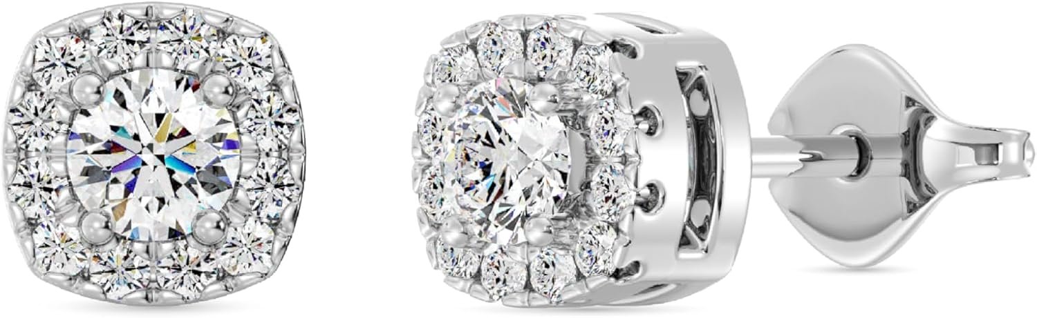 Gilded Lab-Grown Diamond Sterling Silver and 14KT Yellow Gold Plated Silver Stud Earrings for Women | Cushion Halo Shaped Studs | Hypoallergenic Fine Jewelry | Prong Setting, Push Back Nut | SI1 Clarity, F Color 1/4, 1/2, ,1 Carat Total Weight