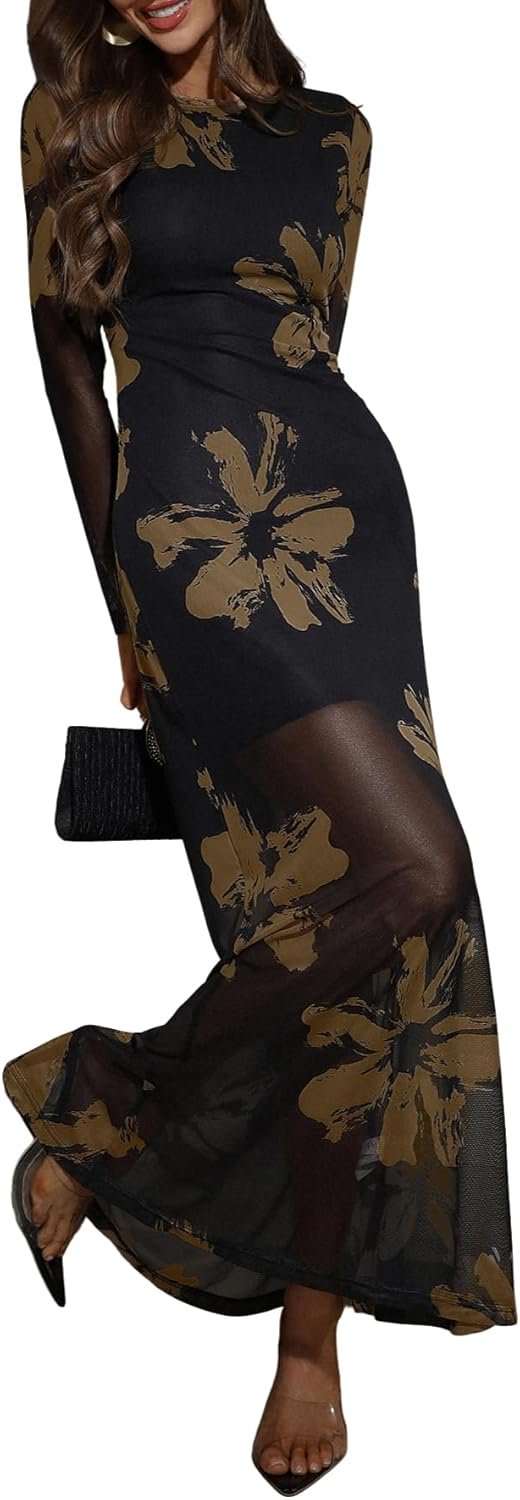 Verdusa Women’s Floral Mesh Maxi Dresses Long Sleeve Elegant Formal Fall Wedding Guest Dress Cocktail Holiday Dresses