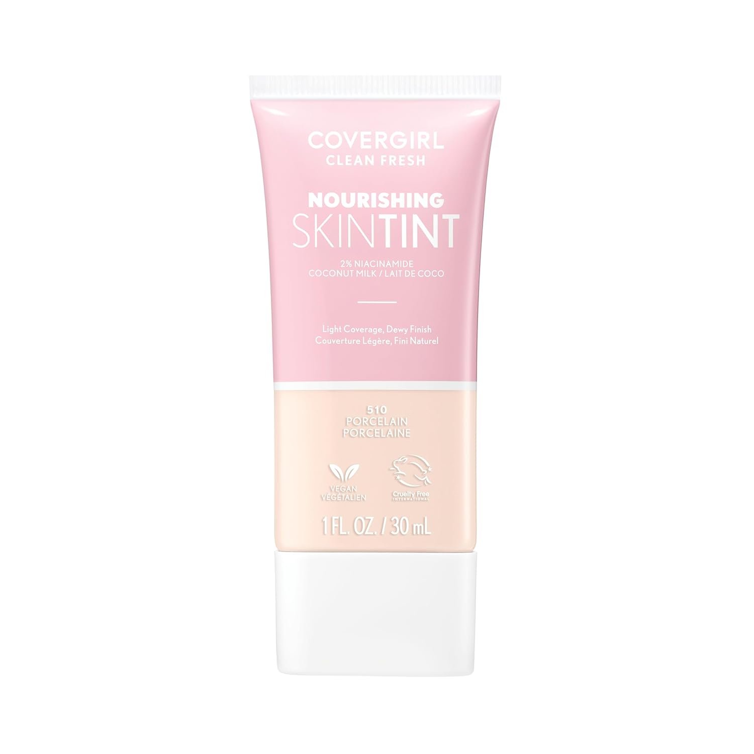 COVERGIRL Clean Fresh Nourishing Skin Tint, 510 Porcelain, Liquid Foundation, Dewy Finish, Infused with Coconut & Aloe, Vegan Formula