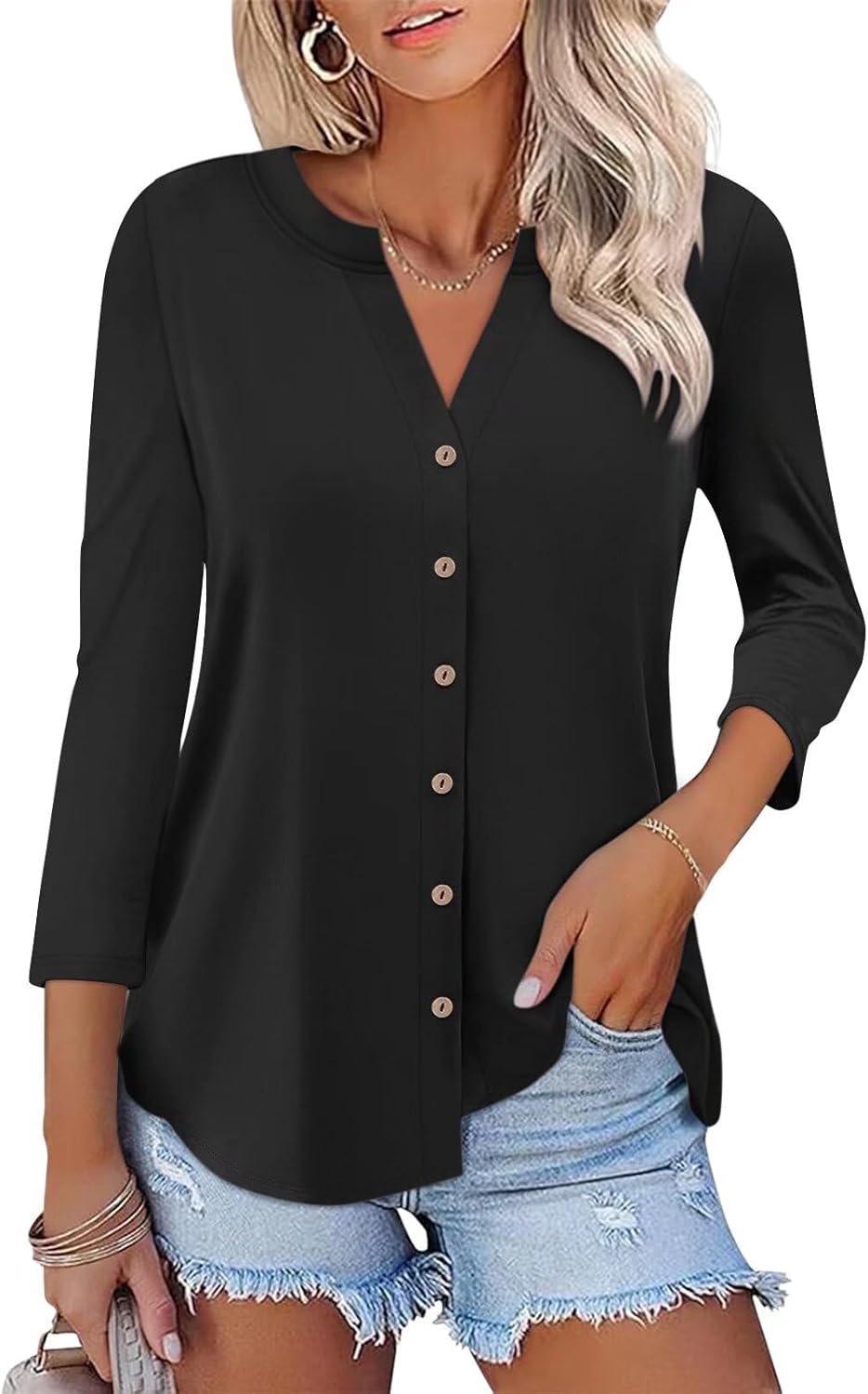ORANDESIGNE Women’s Button Down T Shirts 3/4 Sleeve V Neck Tops Casual Summer Ladies Tees