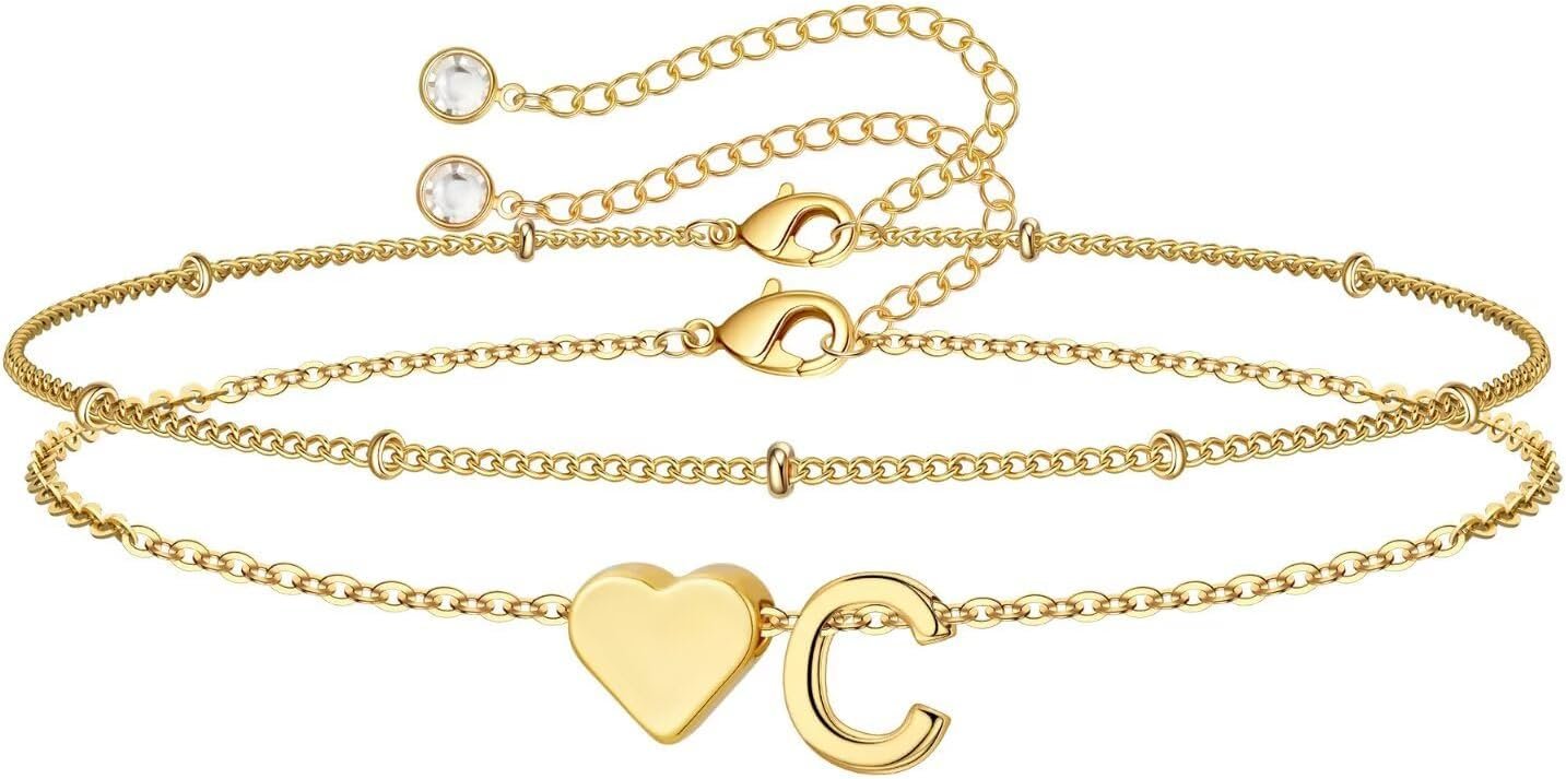 M MOOHAM Christmas Gifts for Grandkids Teens Girls -14K-Gold-Plated Heart Initial Bracelets for Women Girl Dainty Gold Bracelets Birthday Gift Stocking Stuffers for Women Teenage Girls Kids Gifts