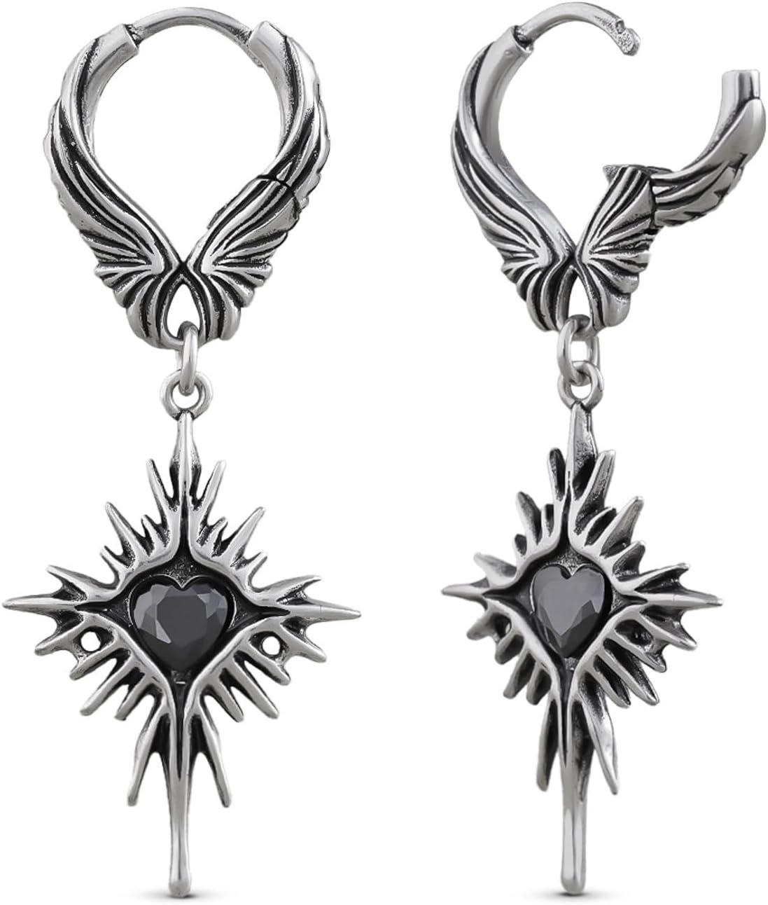 PUNKYOUTH Baroque Dangle Earrings for Women 18G 1mm – Fleur-de-lis & Heartburst Wings Hoop Drop Designs, Elegant Gothic Statement Jewelry for Emo Punk Streetwear & Halloween
