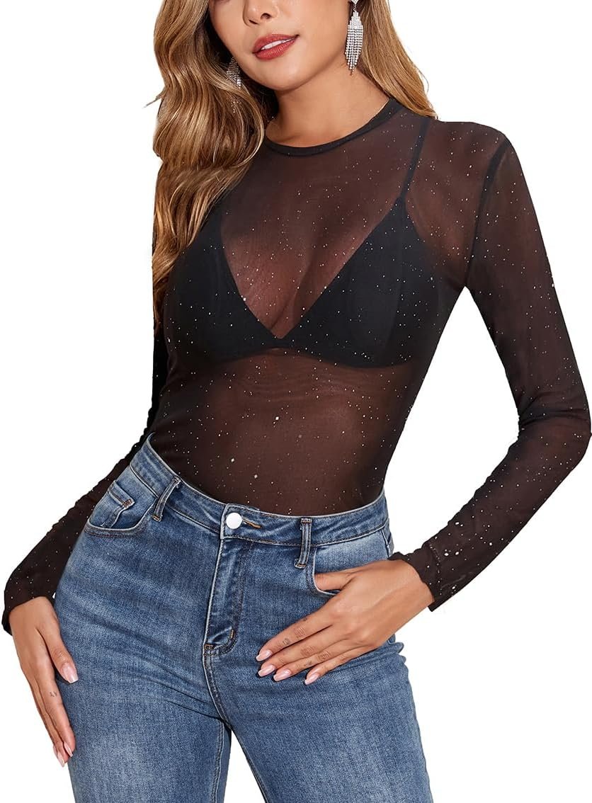 YYA Sparkly Mesh Top for Women Long Sleeve Round Neck Mesh Shirt Sheer Shiny Top Solid Floral Tee Shirts S-XXL