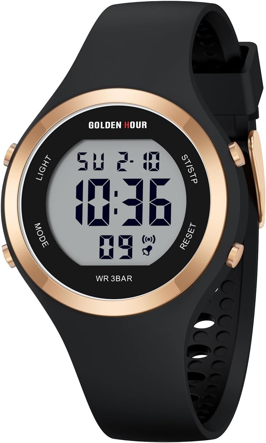 GOLDEN HOUR Waterproof Sport Women’s Digital Chronograph Silicone Strap Watch