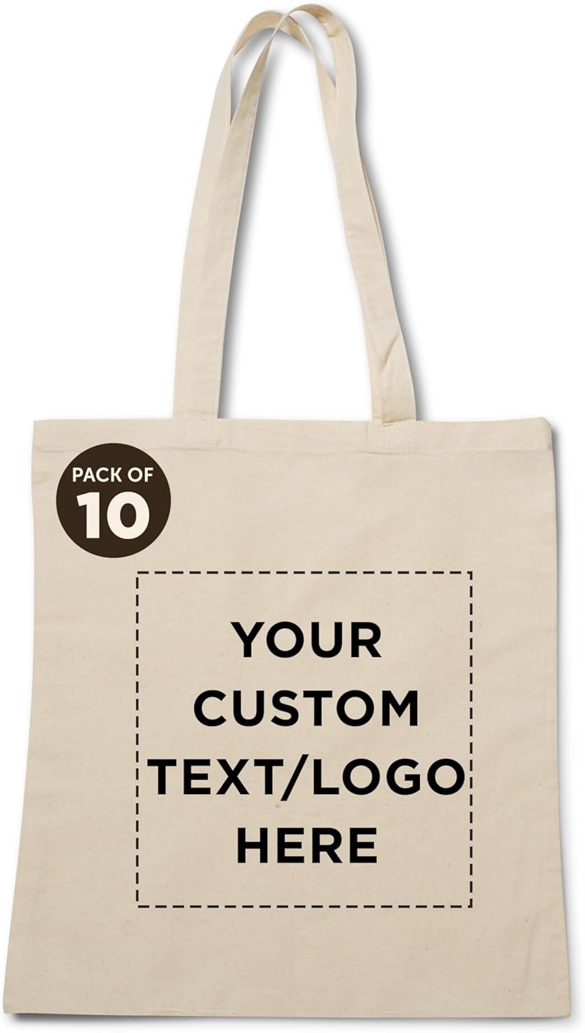 DISCOUNT PROMOS Custom Natural Cotton Fiber Tote Bags (Set of 10) – Personalized, Reusable & Eco-Friendly – Perfect for Grocery, Promotions, Branding – Natural Color, 14.5″X16″, 5 OZ Cotton