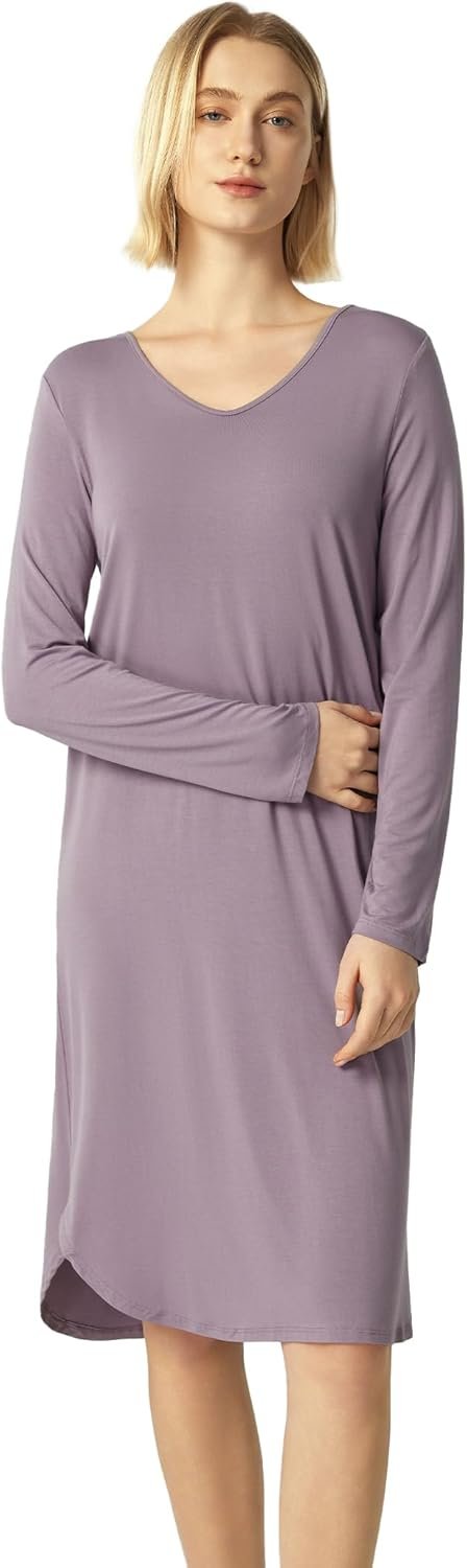 GYS Bamboo Viscose Nightgowns for Women, Soft Long Sleeve V Neck Night Shirts Sleepwear, Below the Knee Long Nightgown Pajama