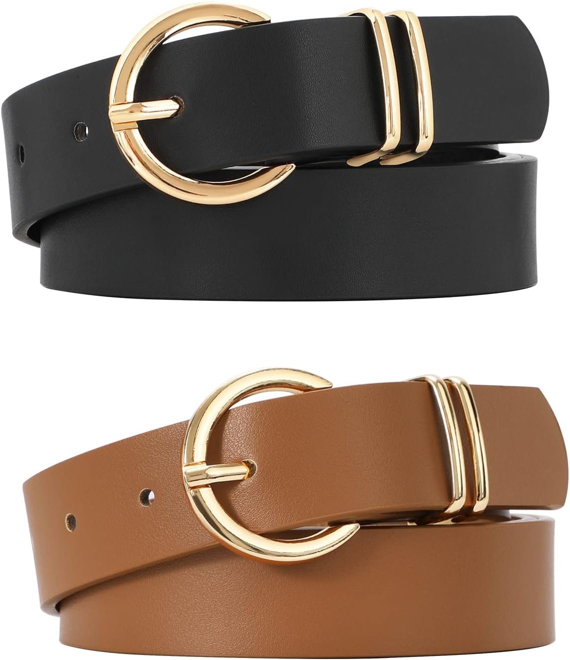 VONMELLI 2 Pack Women’s Leather Belts for Jeans Dresses Fashion Gold Buckle Ladies Belt