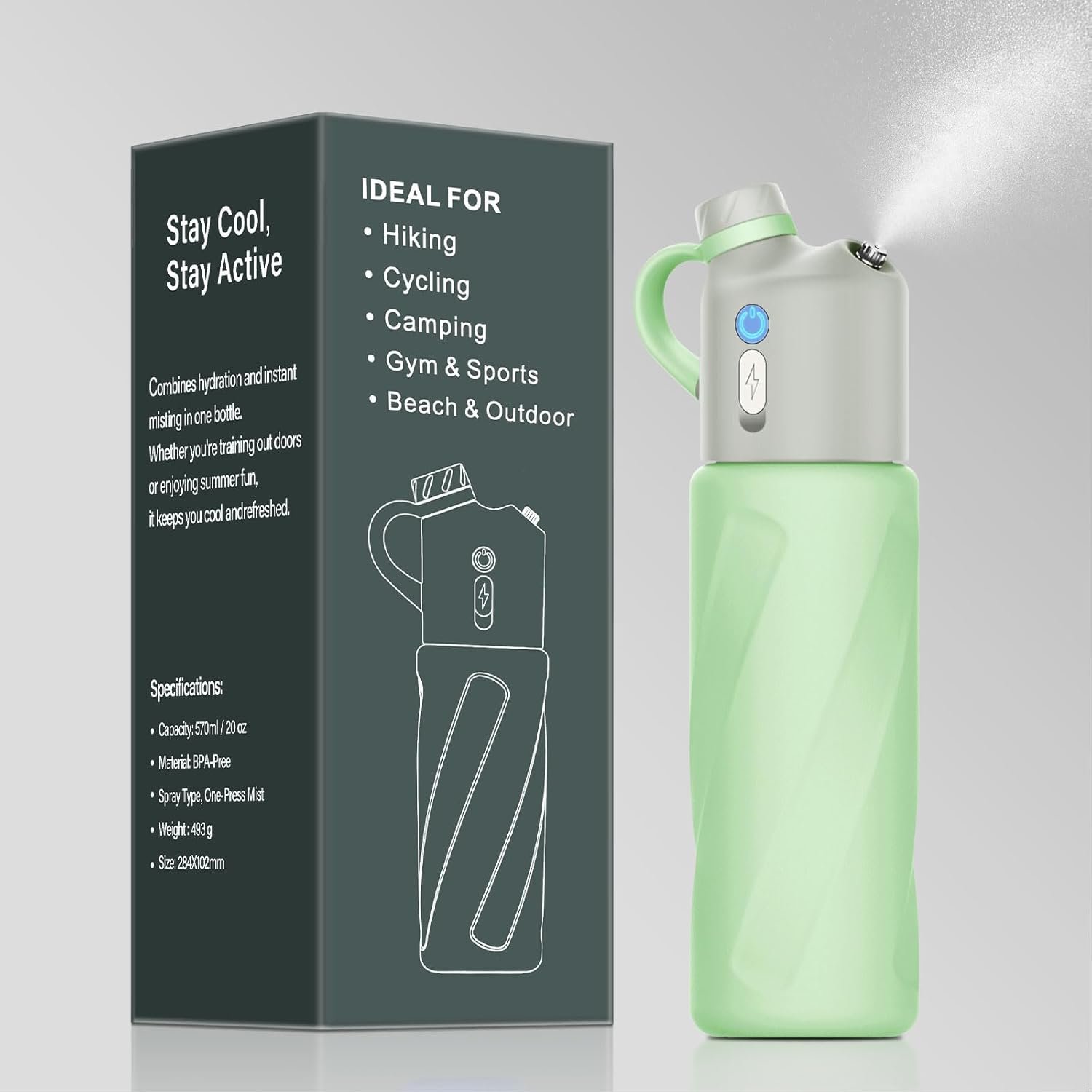 Smart Misting & Drinking Bottle, No-Straw Leak-Proof Design, 2-in-1 Insulated Water Flask with USB-C Charge, 2-Speed Mist Function