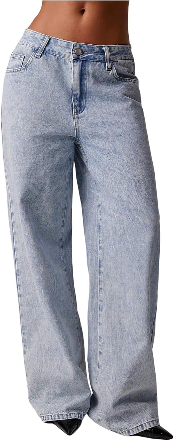 WDIRARA Women’s Low Rise Straight Leg Jeans Baggy Denim Pants Streetwear