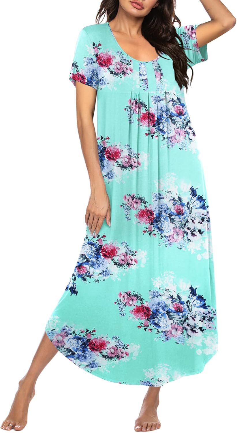 Ekouaer Long Nightgowns for Women House Dress Plus Size Sleepwear Pleated Full Length Loungwear S-4XL