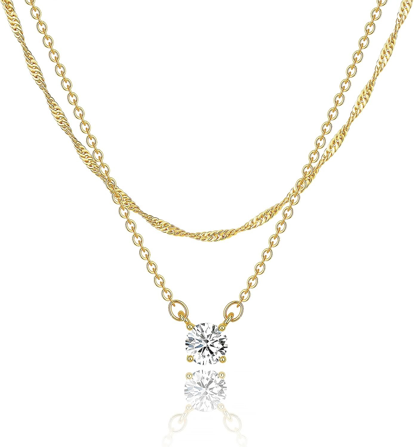 Tewiky Dainty 14k Gold Plated/Silver Cubic Zirconia Necklaces for Women, Simple CZ Jewelry Necklaces Trendy Gifts