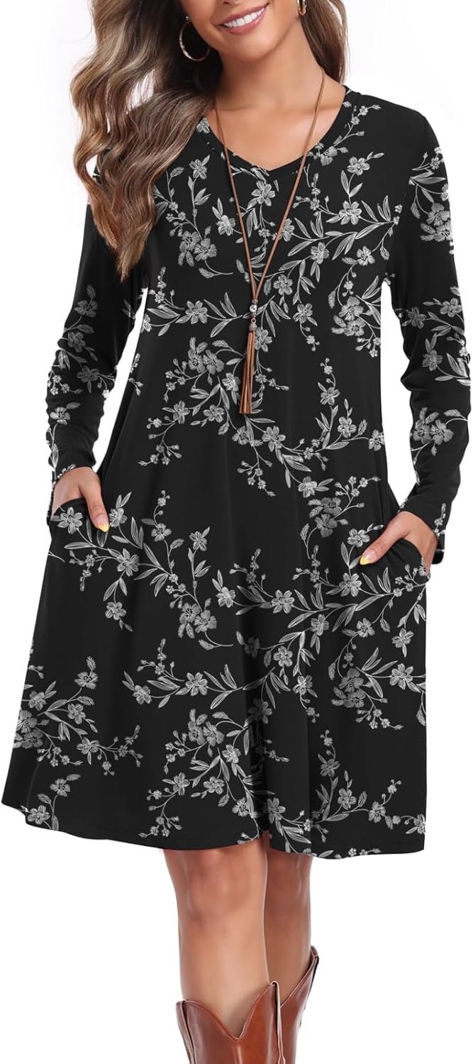 Women’s Casual T Shirt Dresses Fall Long Sleeve Swing Dress with Pockets