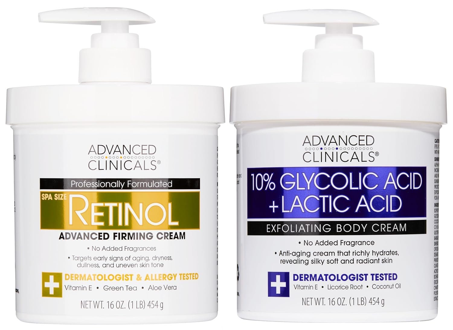 Advanced Clinicals Retinol Body Cream Moisturizer + Exfoliating 10% Glycolic Acid & Lactic Acid Lotion 2PC Skincare Set For Women & Men To Reduce Appearance Of Crepey Skin & Uneven Rough Skin Texture