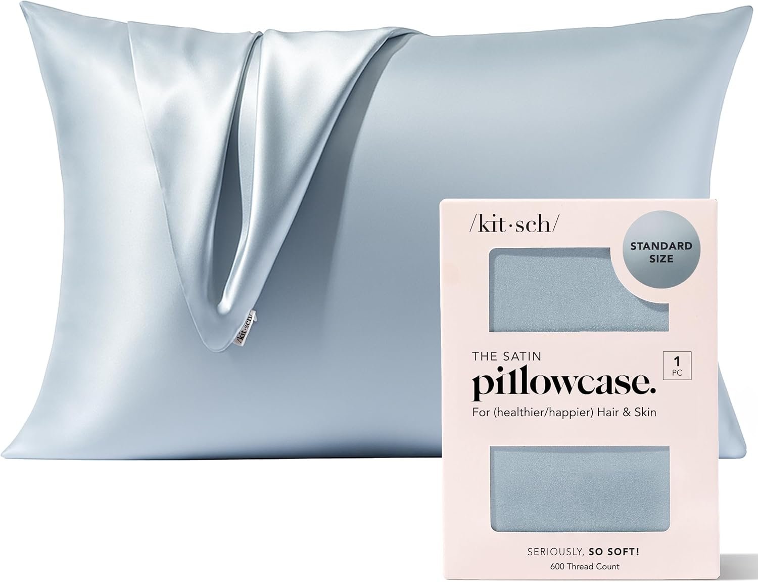 Kitsch Satin Pillowcase with Zipper for Hair & Skin, Softer Than Silk Pillow Cases Queen, Wrinkle-Free, Smooth and Cooling Satin Pillow Covers, Standard Size 19″x26″, Haze Blue