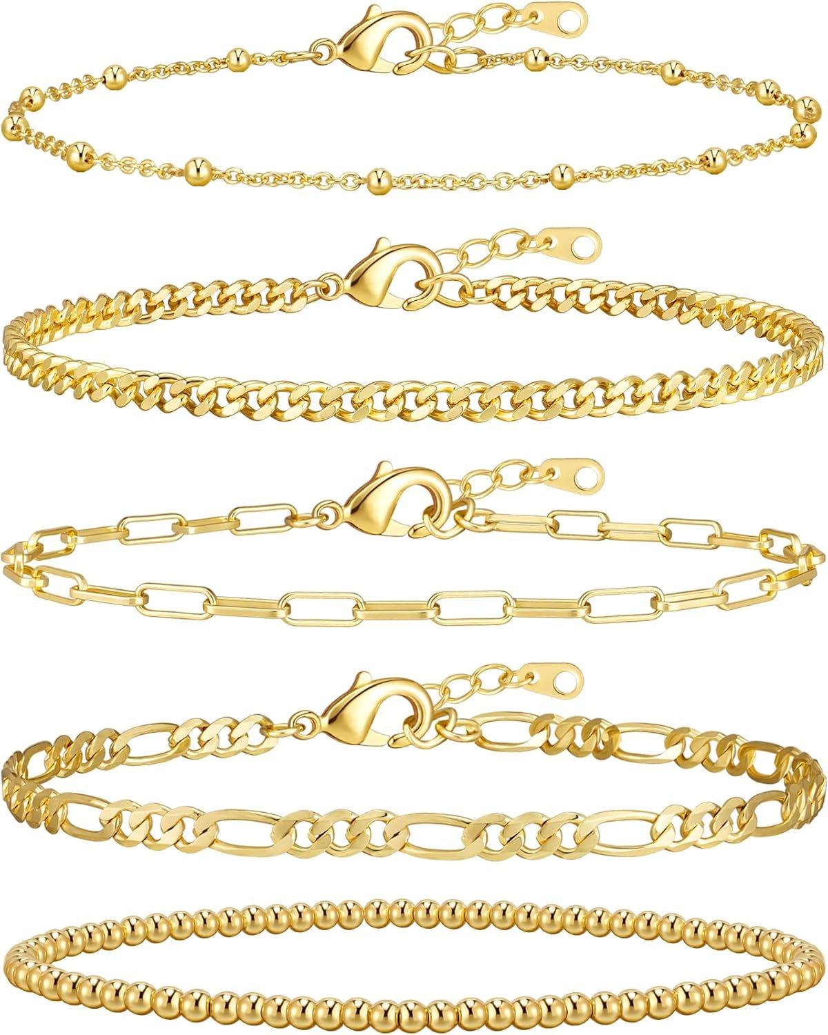 adoyi Gold Bracelets for Women, 14K Gold Plated Stackable Bracelet Stack Set Adjustable Charm Paperclip Chain Cuban Link Layered Waterproof Jewelry Sets Gifts for Womens 6.0/6.8/7.2″