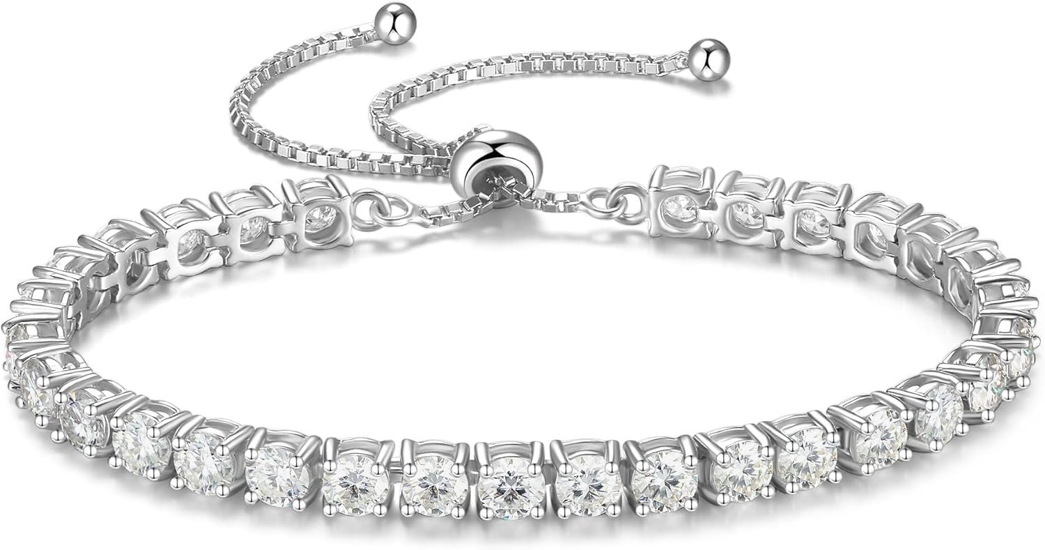 1.2-12 CTTW Moissanite Tennis Bracelet for Women, Adjustable 2-5mm D Color VVS1 Round Cut Moissanite Bolo Bracelet, 18K Gold Plated 925 Sterling Silver Simulated Diamond Bracelet Gifts for Women Her
