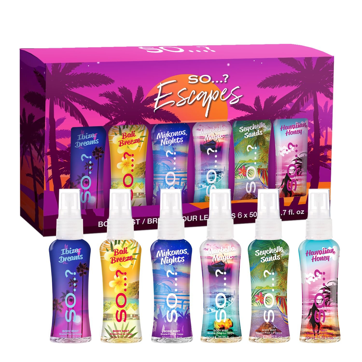 So…? Escapes Body Mist Set – Perfumes for Women – Everyday Body Spray for Women – Vegan, Cruelty Free Fragrances – Travel Size Gift Set – 6 pcs