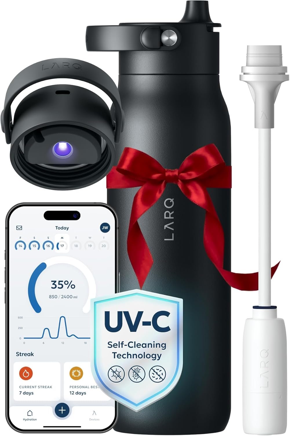LARQ Bottle PureVis 2 – UV Water Purifier with Self-Cleaning, App Hydration Tracking, Filter Straw, Detachable Handle, Double-Wall Insulated