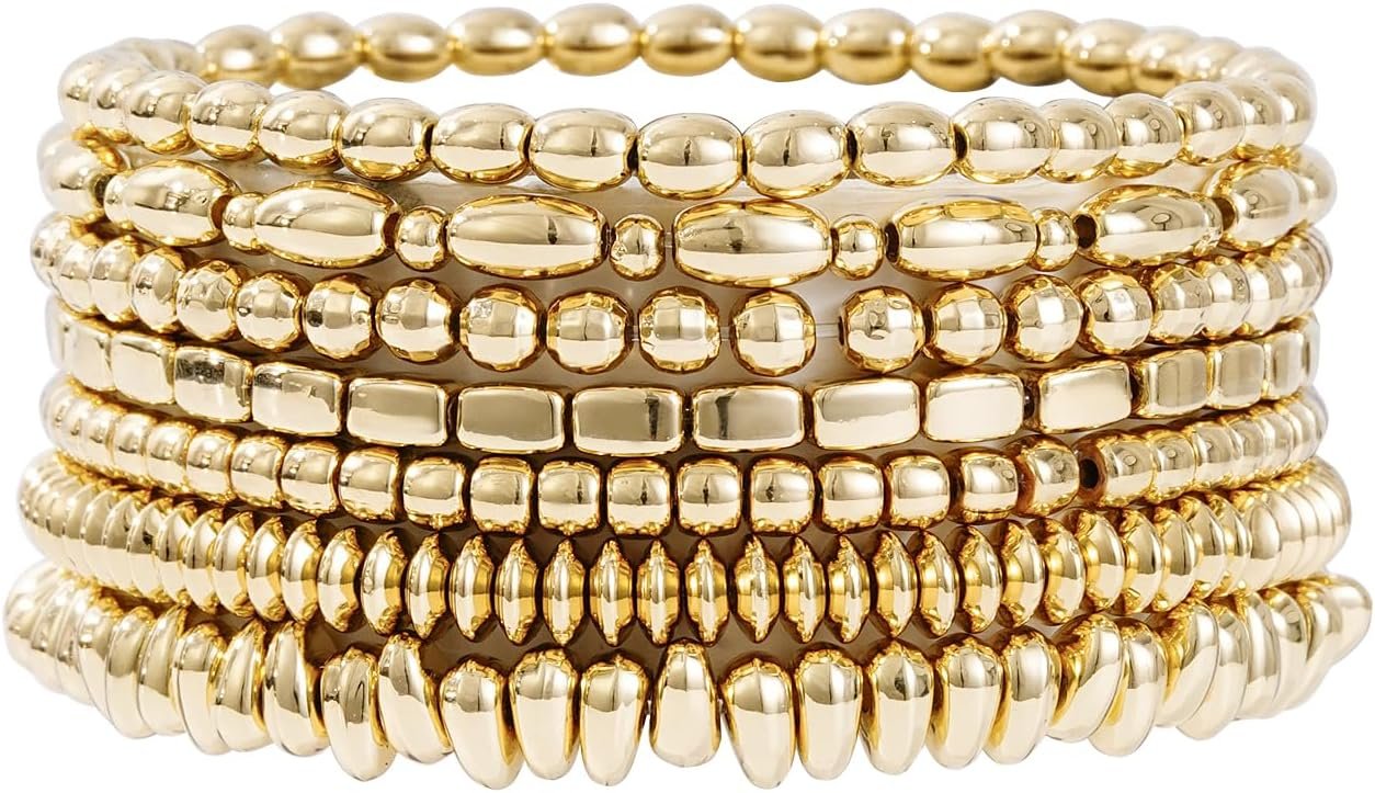 Gold Plated Beaded Bracelets for Women Trendy, 14K Gold Plated Stack Cross Pearl Gold Plated Bead Stretch Bracelets Set Elastic Hypoallergenic Bracelets Jewelry Gifts