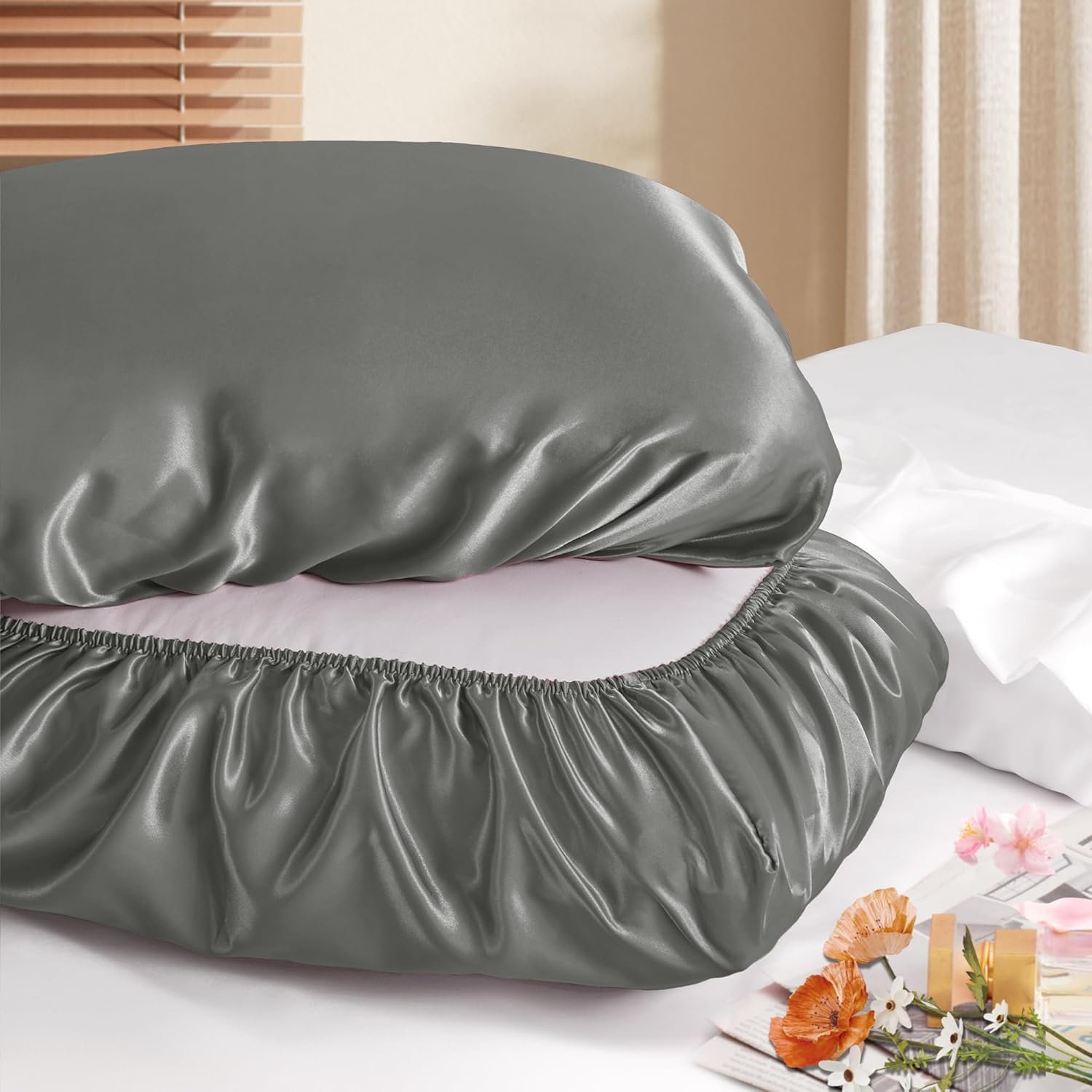 Manyshofu Satin Pillowcases for Hair Protection – 1Pcs Grey Pillow Cases, Elastic Band Standard & Queen Satin Pillowcases Luxury Silky Pillow Cases Travel Pillow Covers