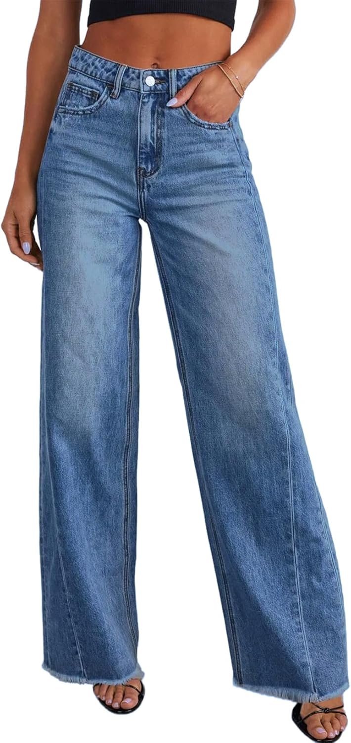 Sidefeel Women’s Wide Leg Jeans High Waisted Strechy Raw Hem Zimbaplatinum Denim Pants